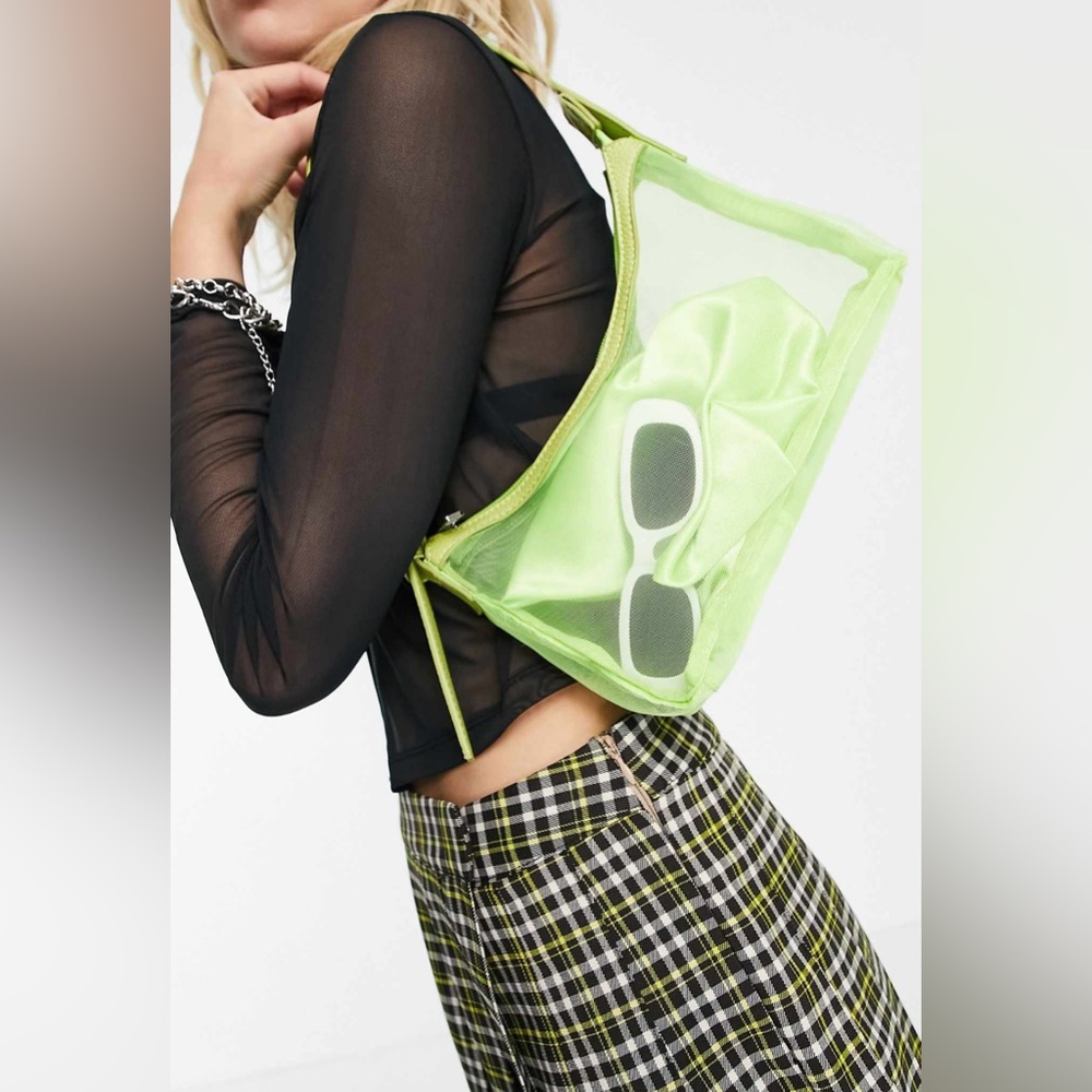 ASOS DESIGN shoulder bag with buckle strap in lime organza